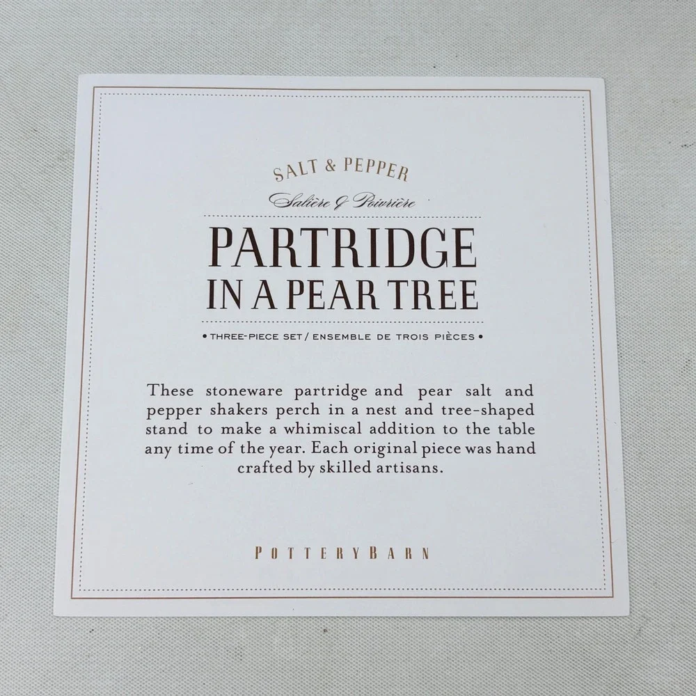 Pottery Barn Partridge In A Pear Tree Stoneware Salt & Pepper Shaker 3 Piece Set